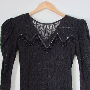 Vintage Black Cocktail Dress Beaded Lace Whimsigoth Goth Wedding Prom Party 10